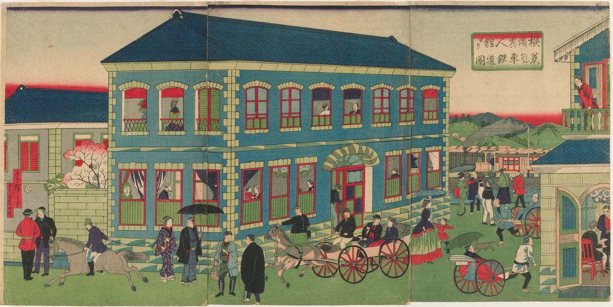 Kuva Höyryjunasta Yokohaman ulkomaisista laitoksista, Meiji-aikakaudelta tekijältä Utagawa Hiroshige III