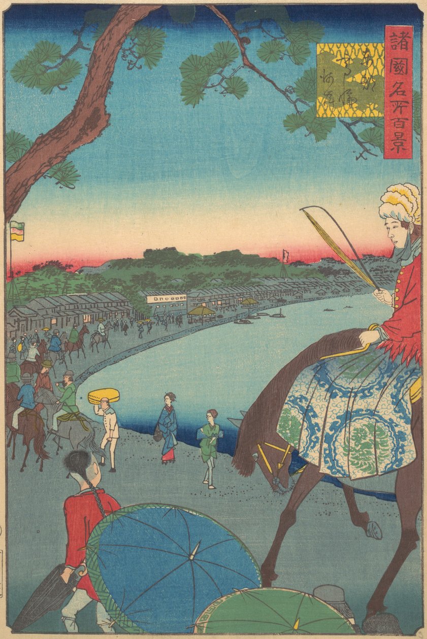Ulkomaalaiset ratsastavat rannikkoa pitkin Takanawassa itäisessä pääkaupungissa, 9. kuukausi, 1861. tekijältä Utagawa Hiroshige II