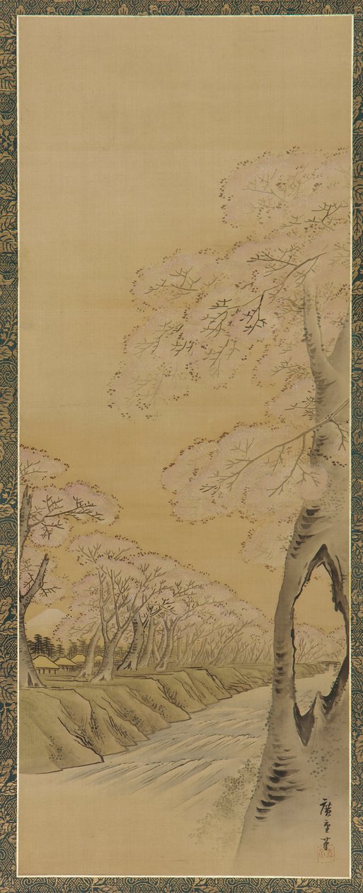 Maisema: kukkivat kirsikkapuut puron varrella, Edo-kausi, 1615-1868. tekijältä Utagawa Hiroshige II
