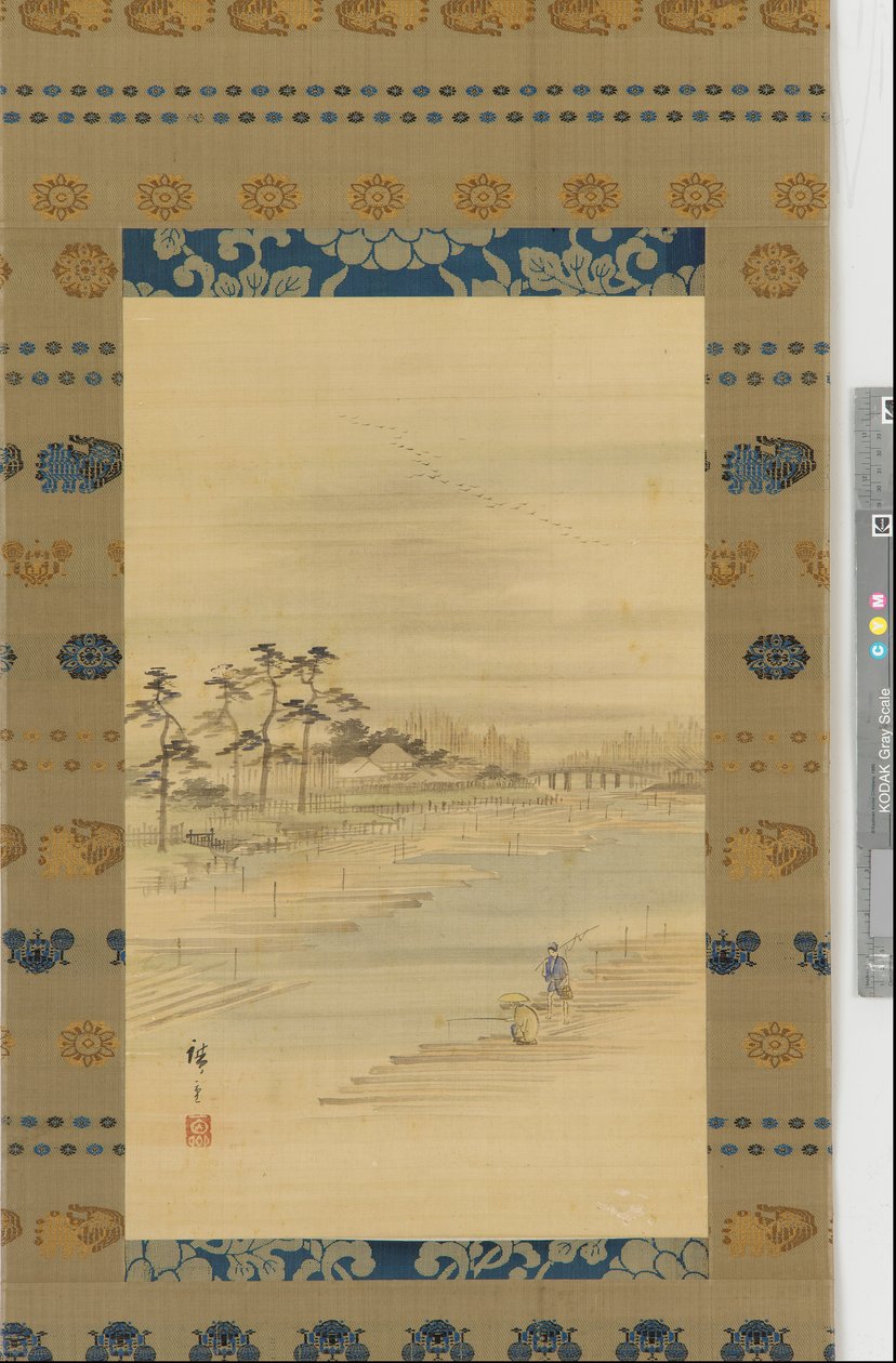 Jokimaisema: puupihat ja lautat, 1800-luvun puoliväli. tekijältä Utagawa Hiroshige II