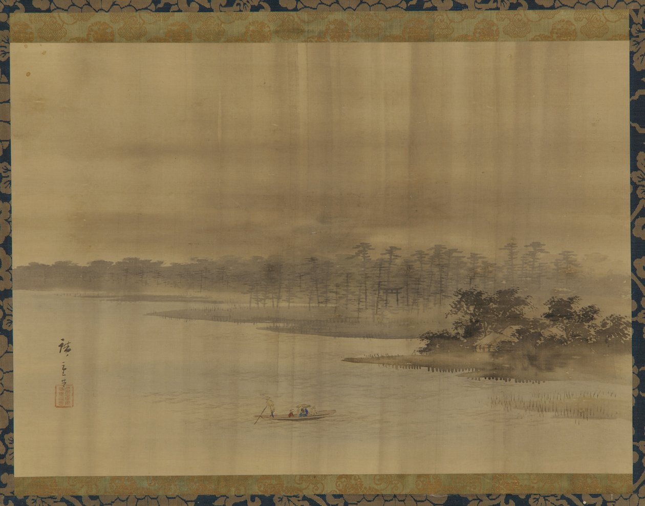 Jokimaisema ja temppeli sateessa, Edo-kausi, 1800-luku. tekijältä Utagawa Hiroshige II