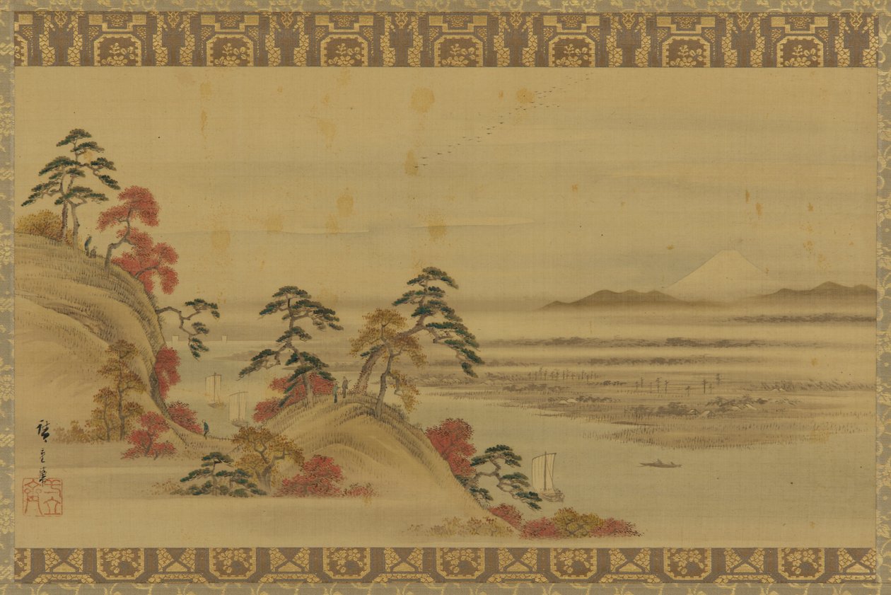 Jokimaisema: punaiset lehdet ja Fuji-vuori, Edo-kausi, 1800-luvun puoliväli. tekijältä Utagawa Hiroshige II