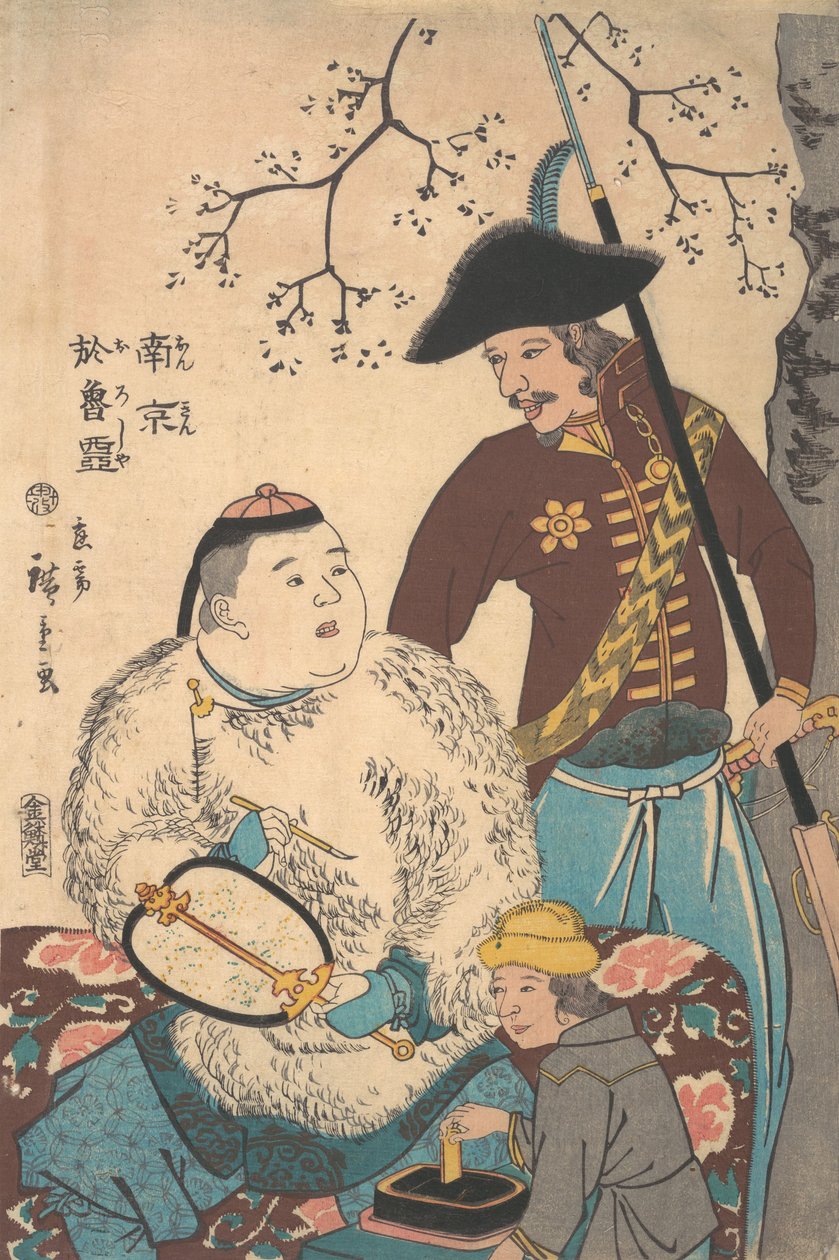Venäläiset ja kiinalainen kirjoittamassa tuuletin, 12. kuukausi, 1860. tekijältä Utagawa Hiroshige II