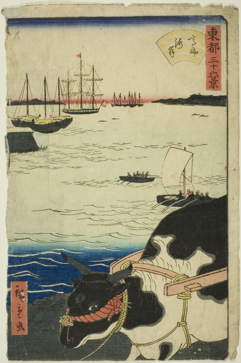 The Beach at Takanawa (Takanawa kaigan), sarjasta "Kolmekymmentäkuusi näkymää itäiseen pääkaupunkiin (Toto sanjurokkei)" tekijältä Utagawa Hiroshige II