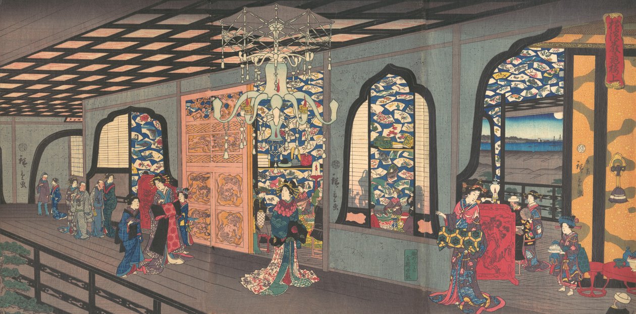 Gankiro-teehuoneen ylempi kerros Yokohamassa, 4. kuukausi, 1860. tekijältä Utagawa Hiroshige II