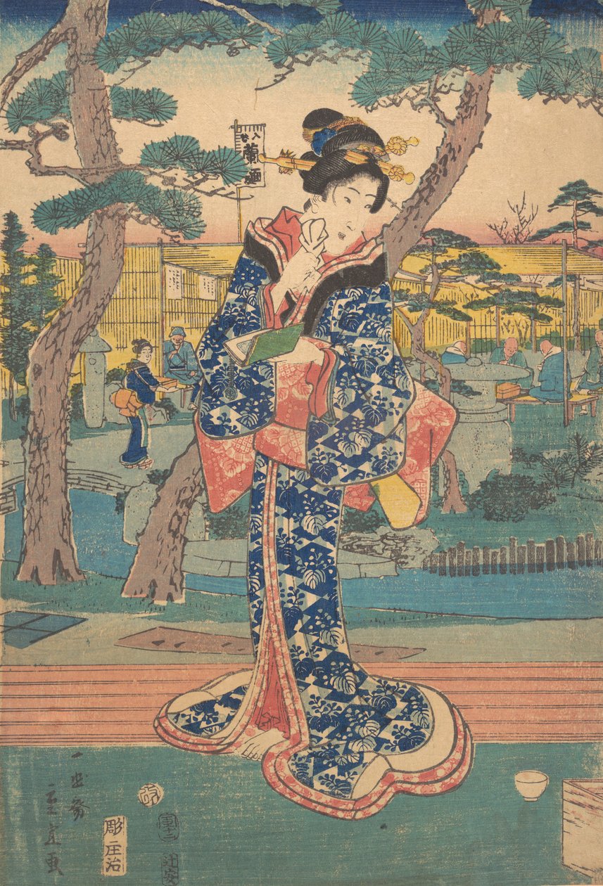 Nuori tyttö teehuoneessa Iriyassa, 1800-luvun puoliväli. tekijältä Utagawa Hiroshige II