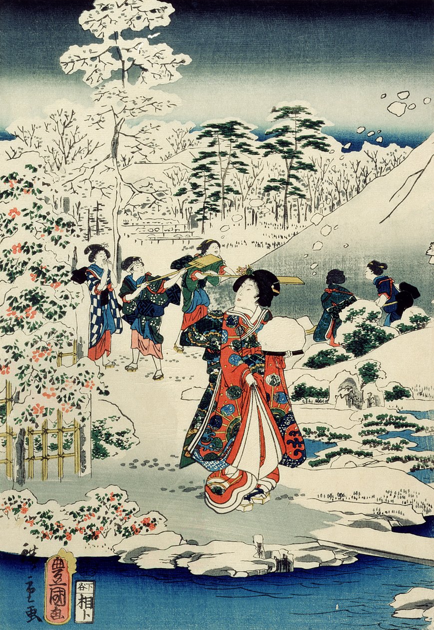 Maidat lumen peittämässä puutarhassa tekijältä Utagawa and Hiroshige II Utagawa Kunisada