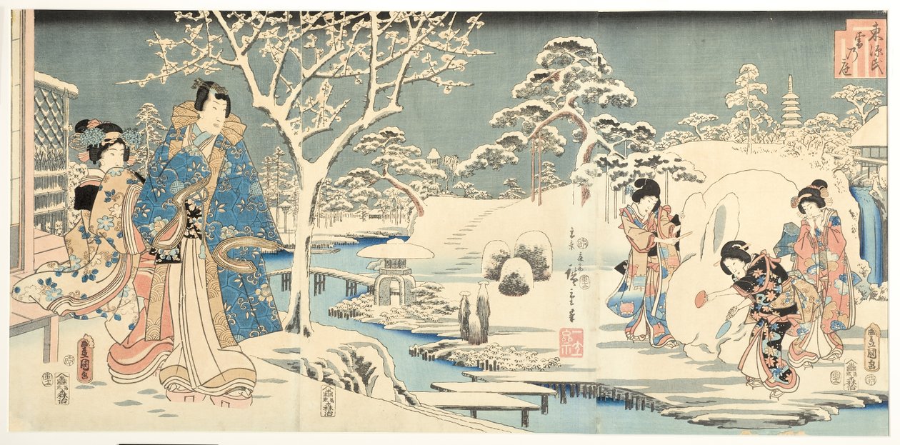 Itäinen Genji lumisessa puutarhassa, 1854 (puupalikka) tekijältä Utagawa Hiroshige and Kunisada