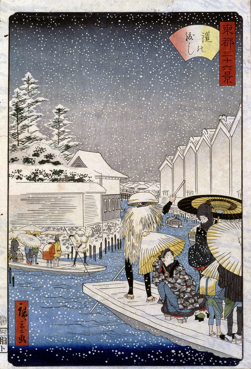 Veneitä lumen alla, Japani - Hiroshige print tekijältä Utagawa II Hiroshige