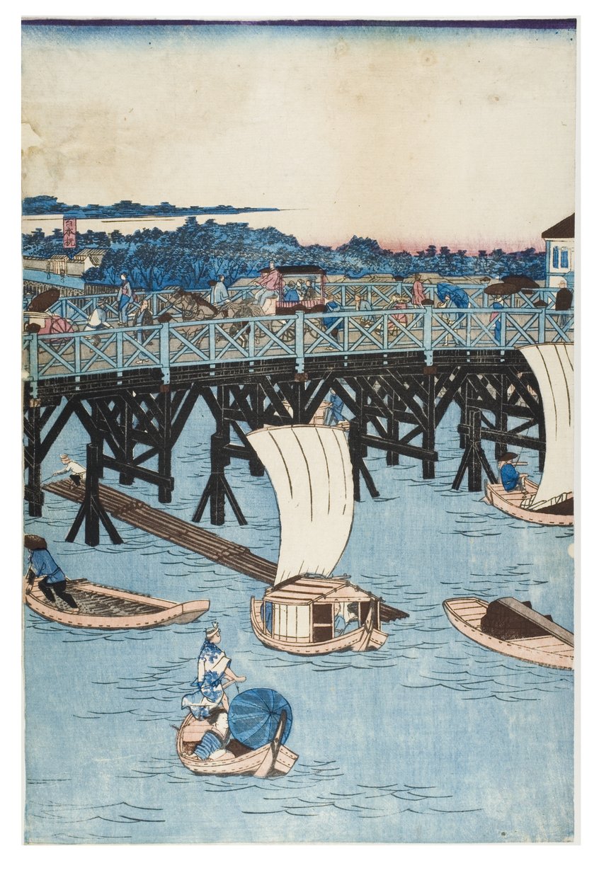 Kuuluisia paikkoja Tokiossa, todellinen näkymä Ryogoku-sillalle tekijältä Utagawa II Hiroshige