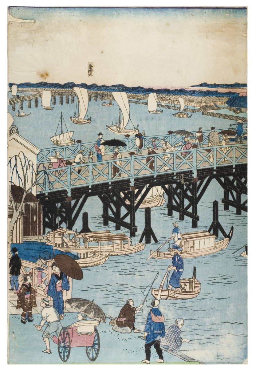 Kuuluisia paikkoja Tokiossa, todellinen näkymä Ryogoku-sillalle tekijältä Utagawa II Hiroshige