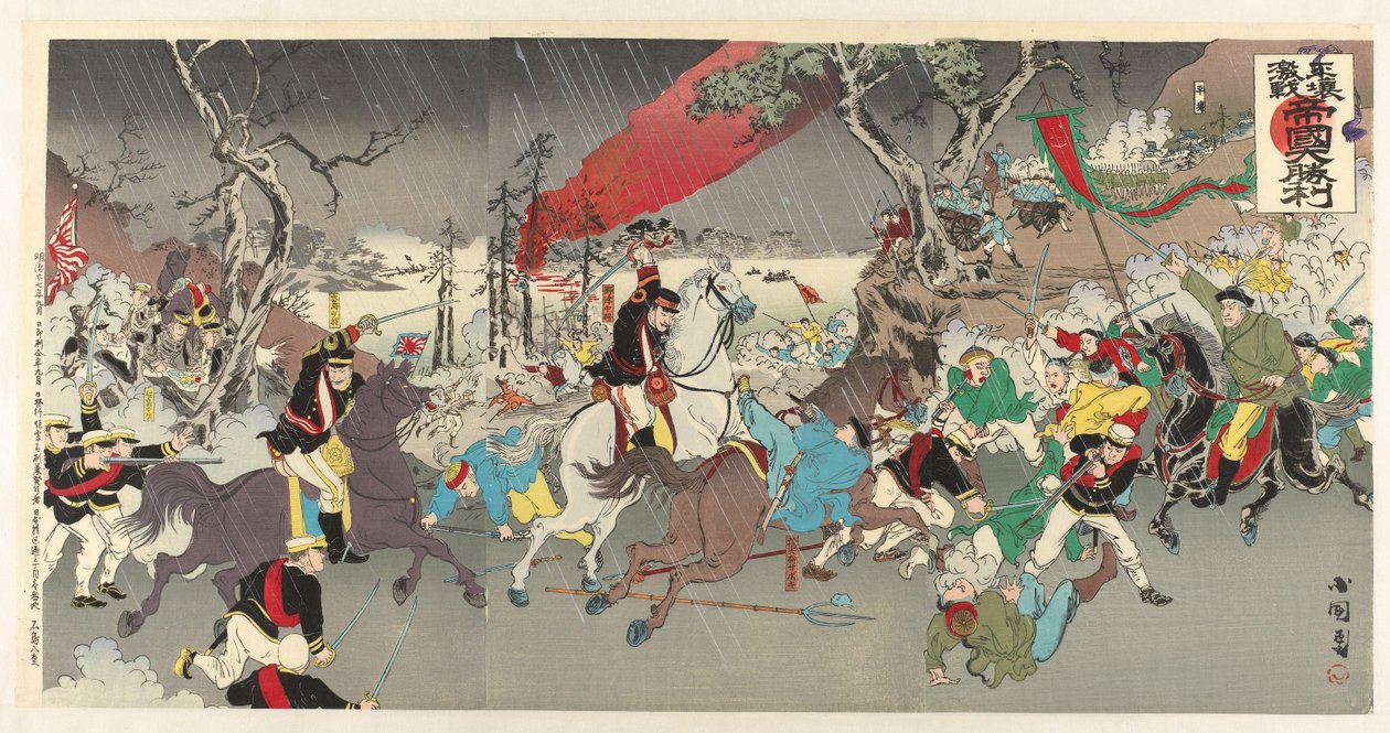 Japanin valtakunnan suuri voitto Pjongjangin kovassa taistelussa Heijô suuteli teikoku daishôriä tekijältä Utagawa Kokunimasa
