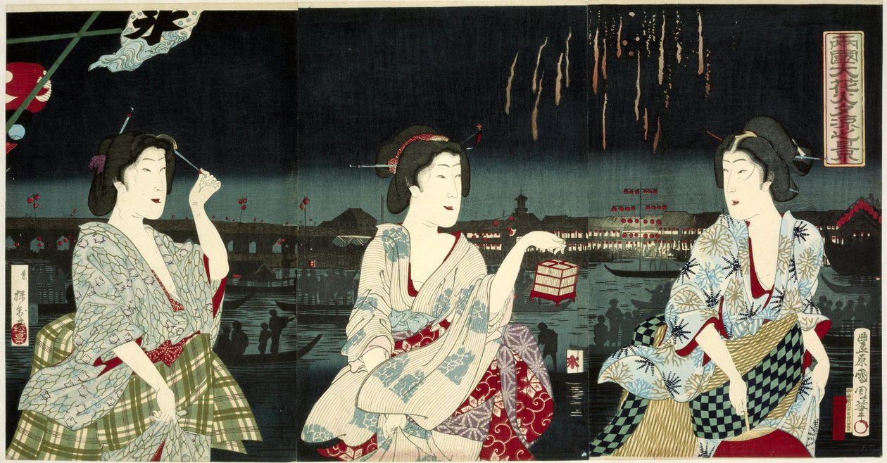 Nautitaan iltatuulesta ilotulituksen aikana Ryogokussa Ryogoku hanabi yusuzumi no kei (otsikko esineessä) tekijältä Utagawa Kunichika