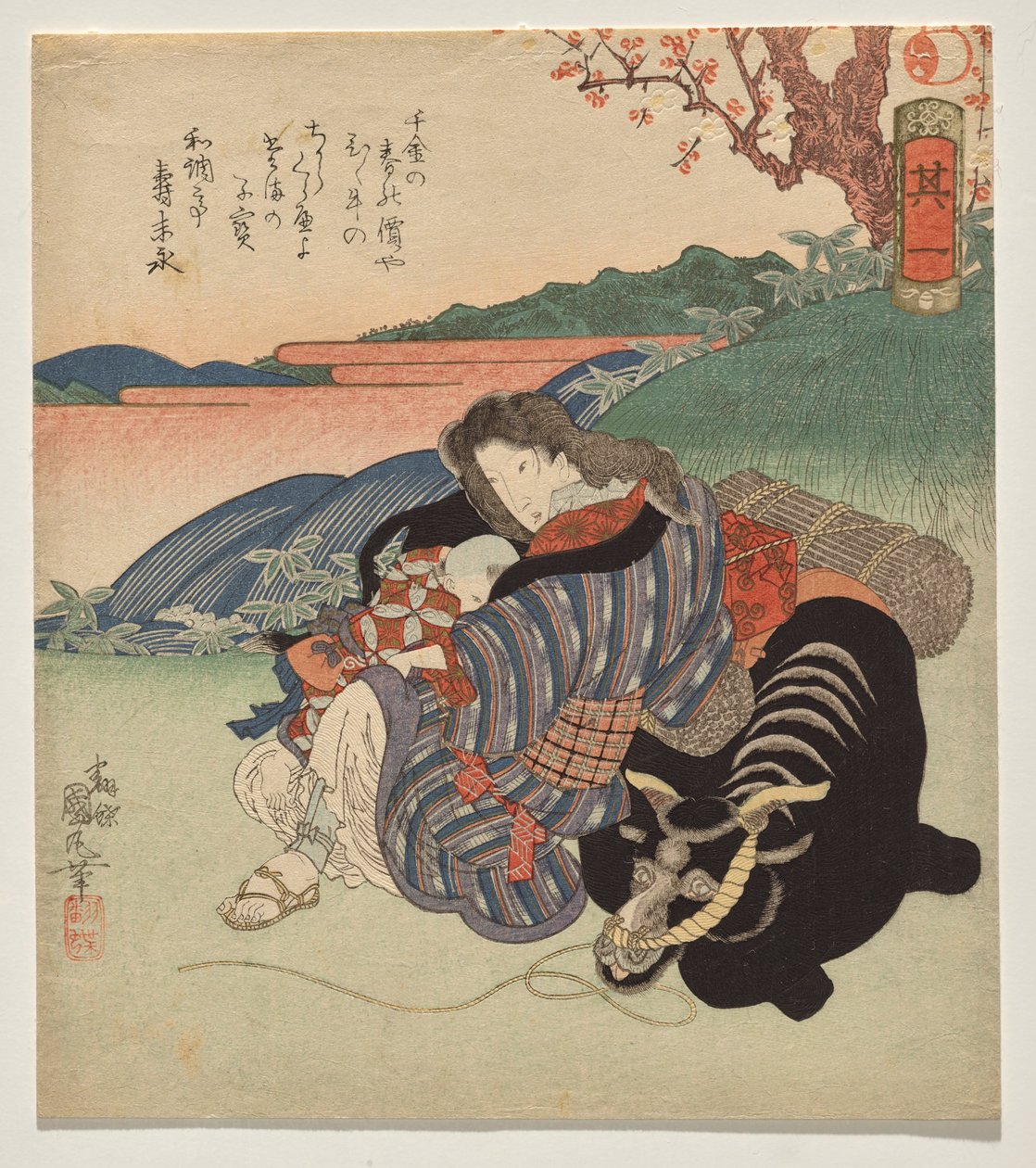 Nainen ja poika lepäämässä härkää vasten tekijältä Utagawa Kunimaru