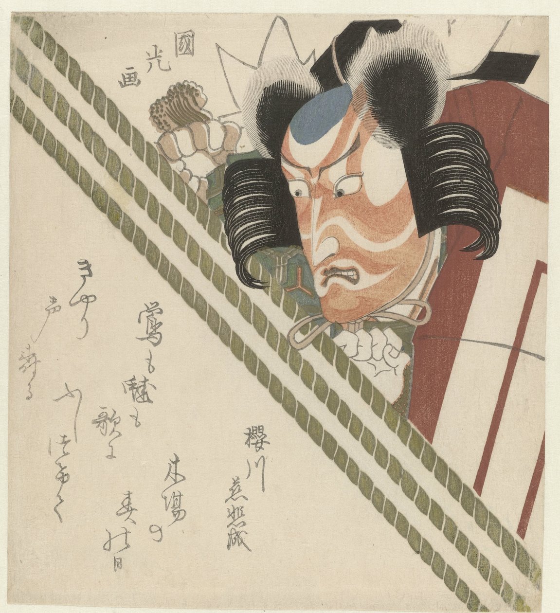 Mies katselee verhon yli tekijältä Utagawa Kunimitsu
