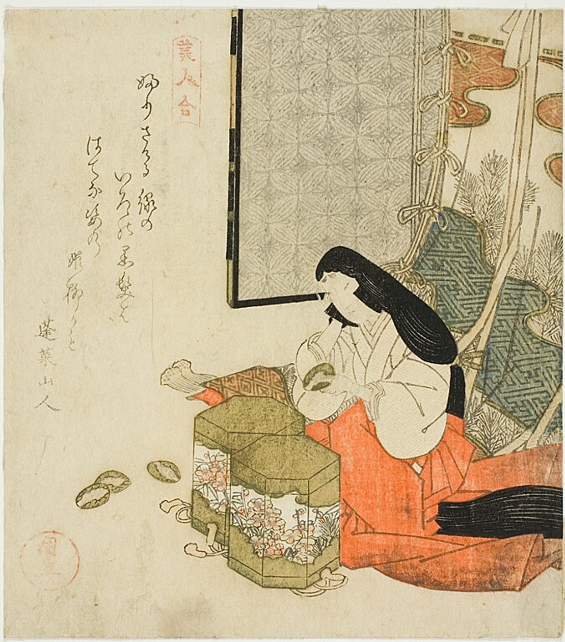Court Lady Playing Shell Games (Kaiawase), sarjasta "Contest of Beauties (Bijin awase)". tekijältä Utagawa Kuninao
