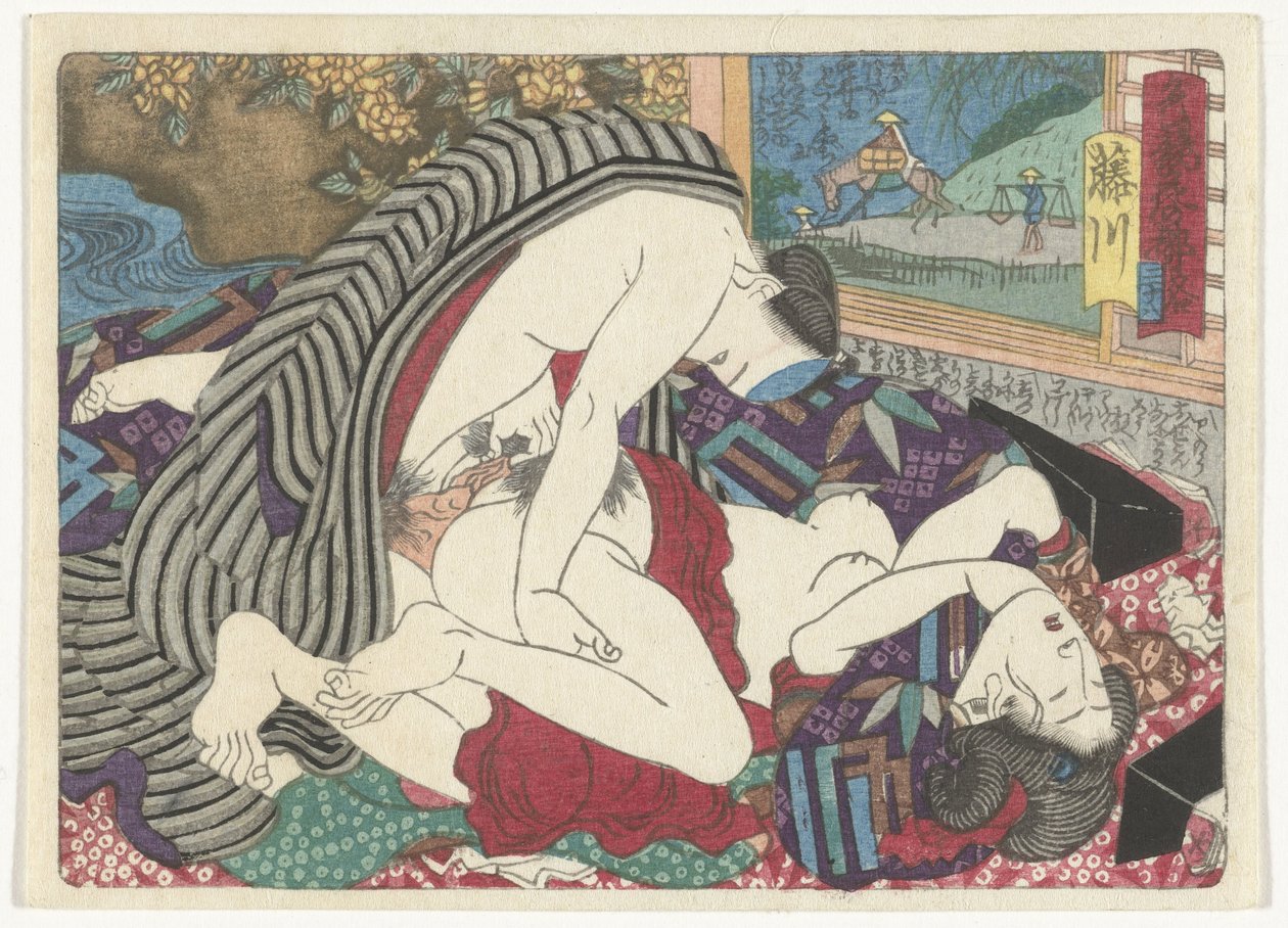 Pysähdyspaikka Fujikawa Fujikawa (otsikko esineessä) Eroottinen tie pääkaupunkiin (sarjan nimi) tekijältä Utagawa Kunisada (I) (attributed to)