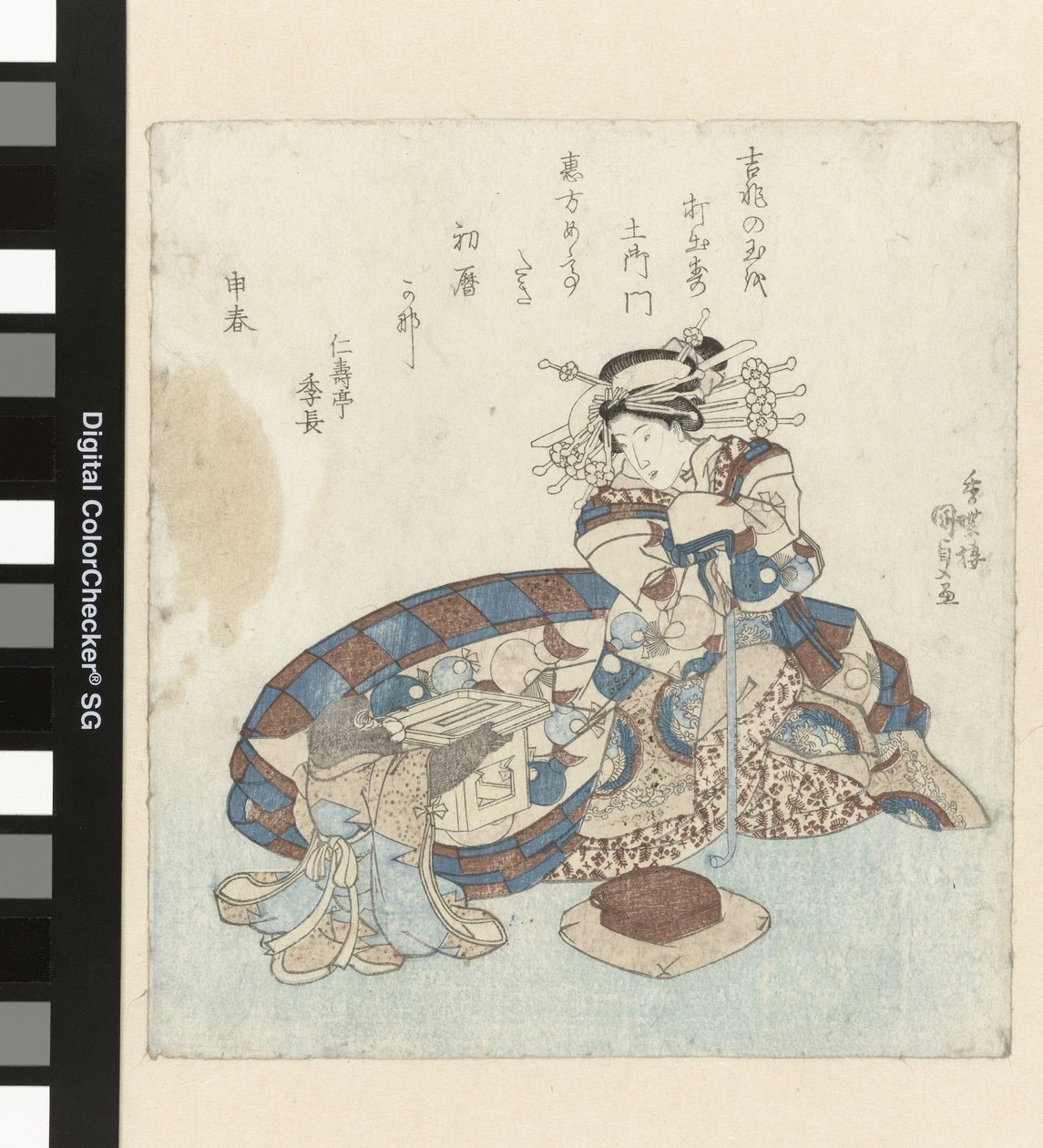 Apina tarjoaa almanakin kurtisaanille tekijältä Utagawa Kunisada (I)