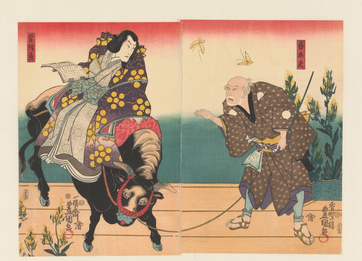 aFarmer seuraa hoviherraa mustalla härällä tekijältä Utagawa Kunisada (I)