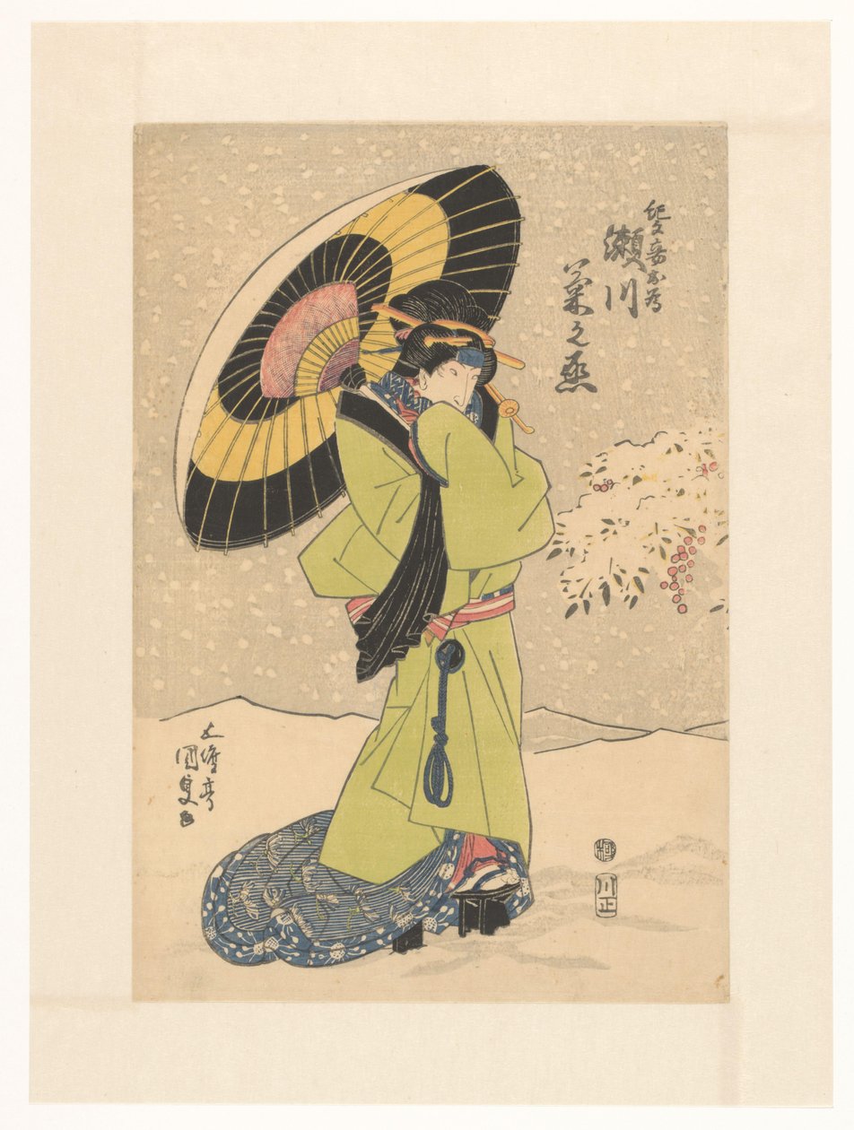 Vaimo Mekame lumessa sateenvarjon kanssa tekijältä Utagawa Kunisada (I)