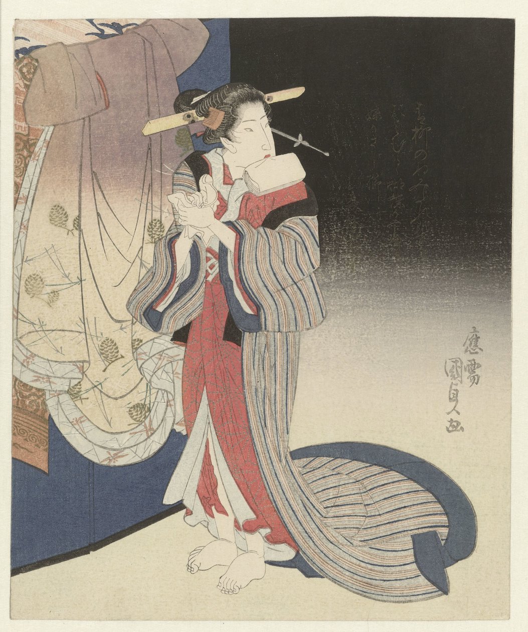 Courtesan valmistautuu iltaan tekijältä Utagawa Kunisada (I)