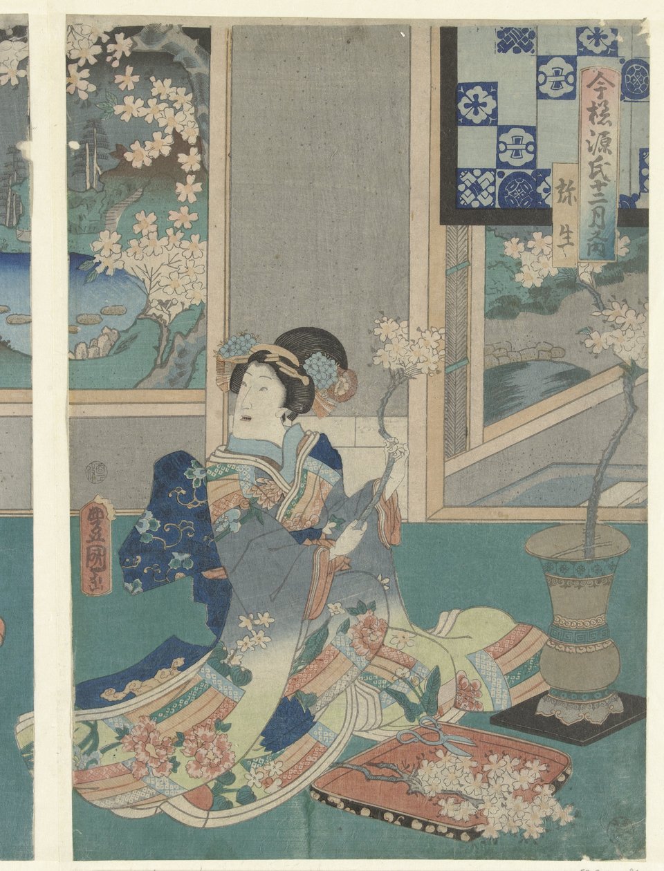 Kolmas kuukausi Yayoi (otsikko esineessä) Modernit Genjin tarinat kahdentoista kuukauden aikana (sarjan nimi) Imayo Genji junikagetsu no uchi (sarjan nimi esineessä) tekijältä Utagawa Kunisada (I)
