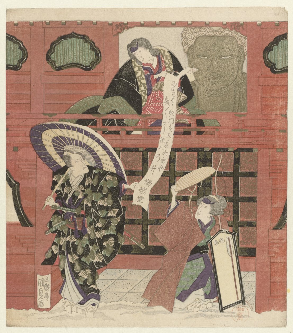 Kolme näyttelijää temppelin portilla tekijältä Utagawa Kunisada (I)