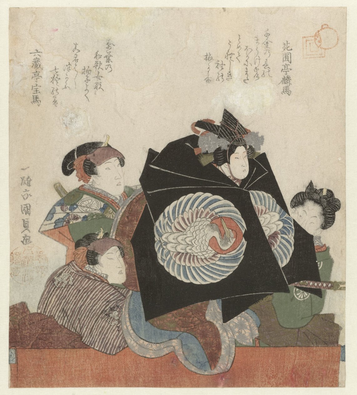 Kolme näyttelijää nuken kanssa tekijältä Utagawa Kunisada (I)