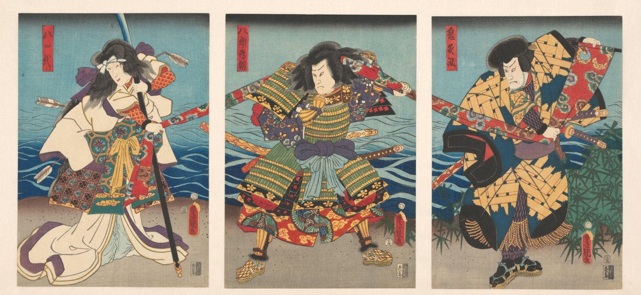 Kolme kabuki-näyttelijää vetää punaista lippua tekijältä Utagawa Kunisada (I)