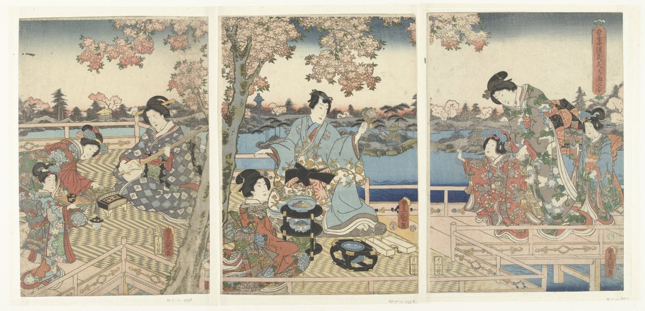 Kevätjuhla Itä-Genjille Azuma Genji hana no yuen (otsikko esineessä) tekijältä Utagawa Kunisada (I)