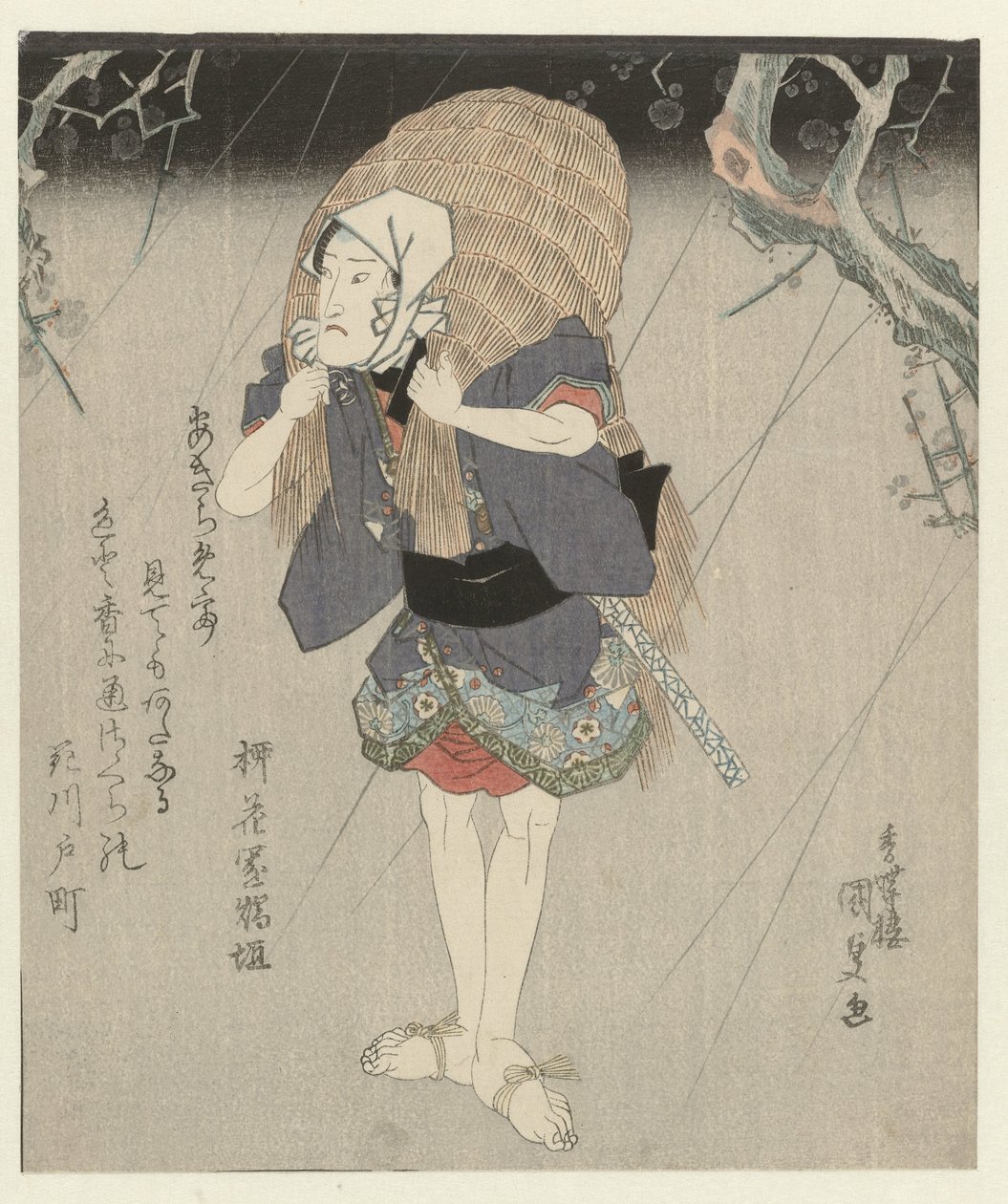 Mies olki sadetakissa tekijältä Utagawa Kunisada (I)