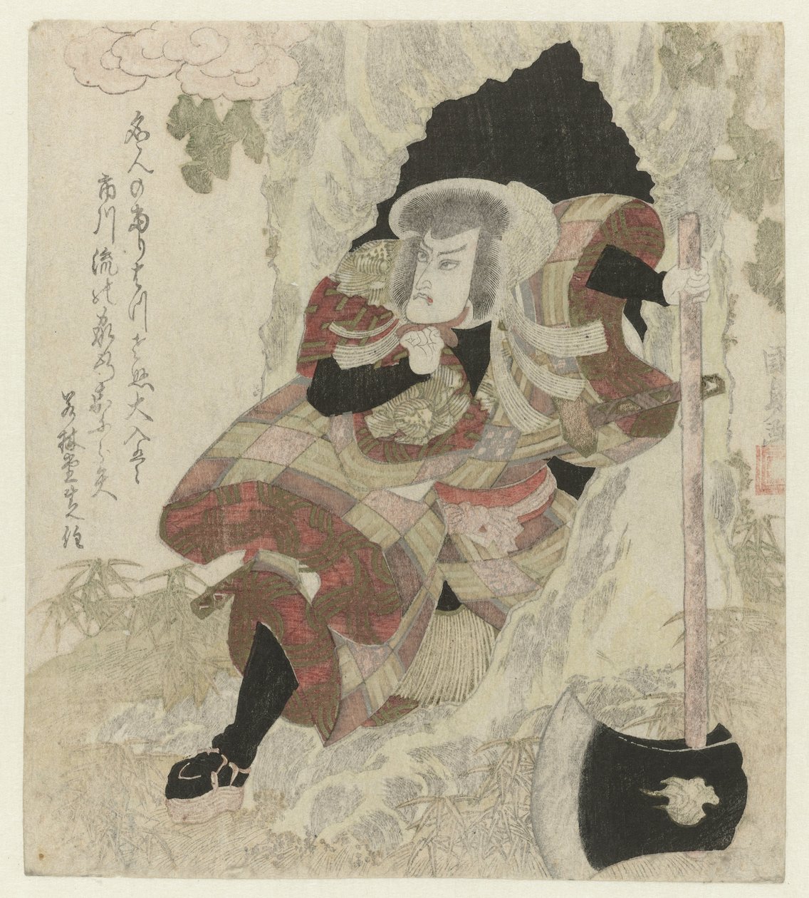Mies kirveellä nousee ulos puusta tekijältä Utagawa Kunisada (I)