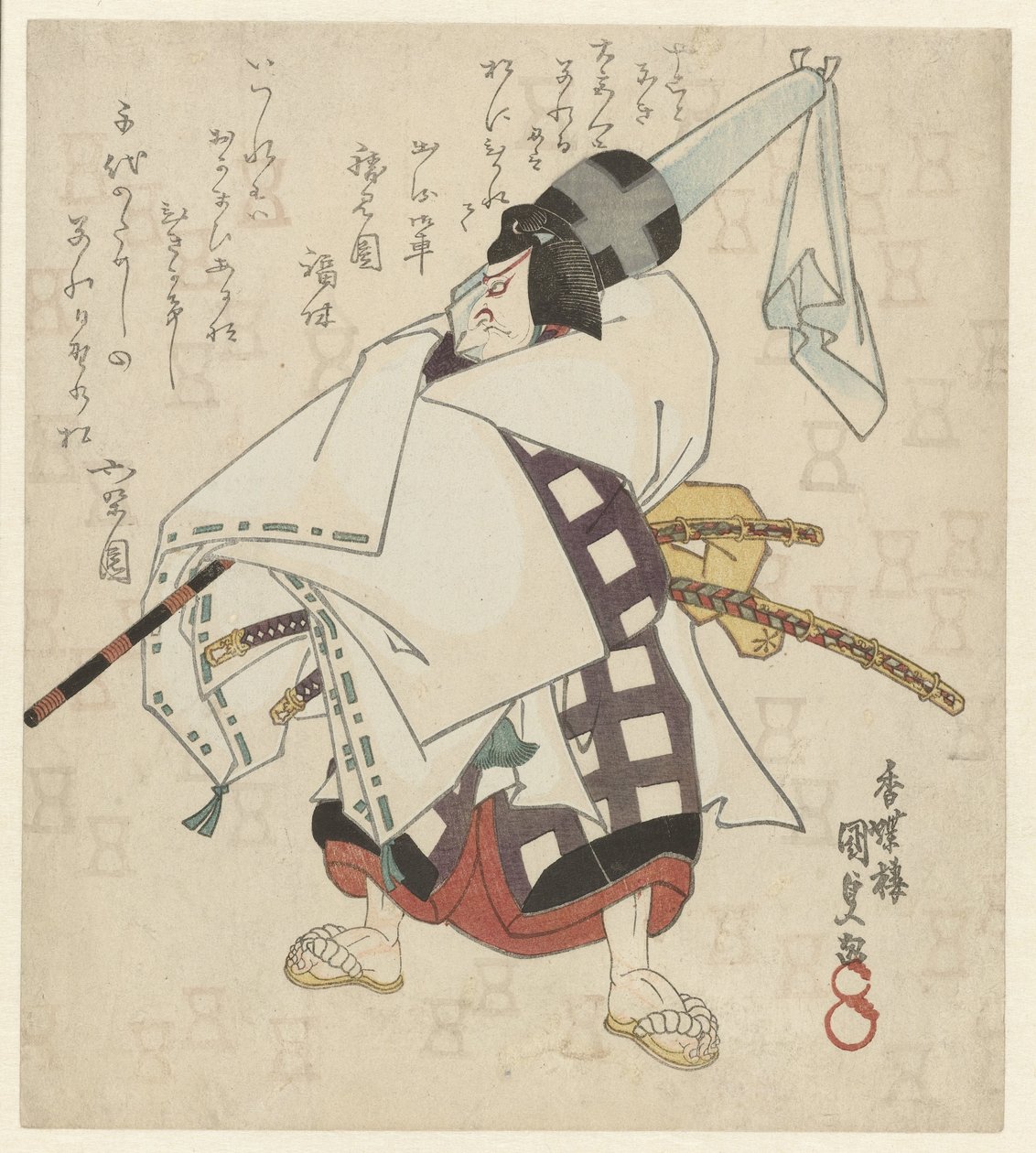Mies kääritty aurinkovarjo olkapäällään tekijältä Utagawa Kunisada (I)