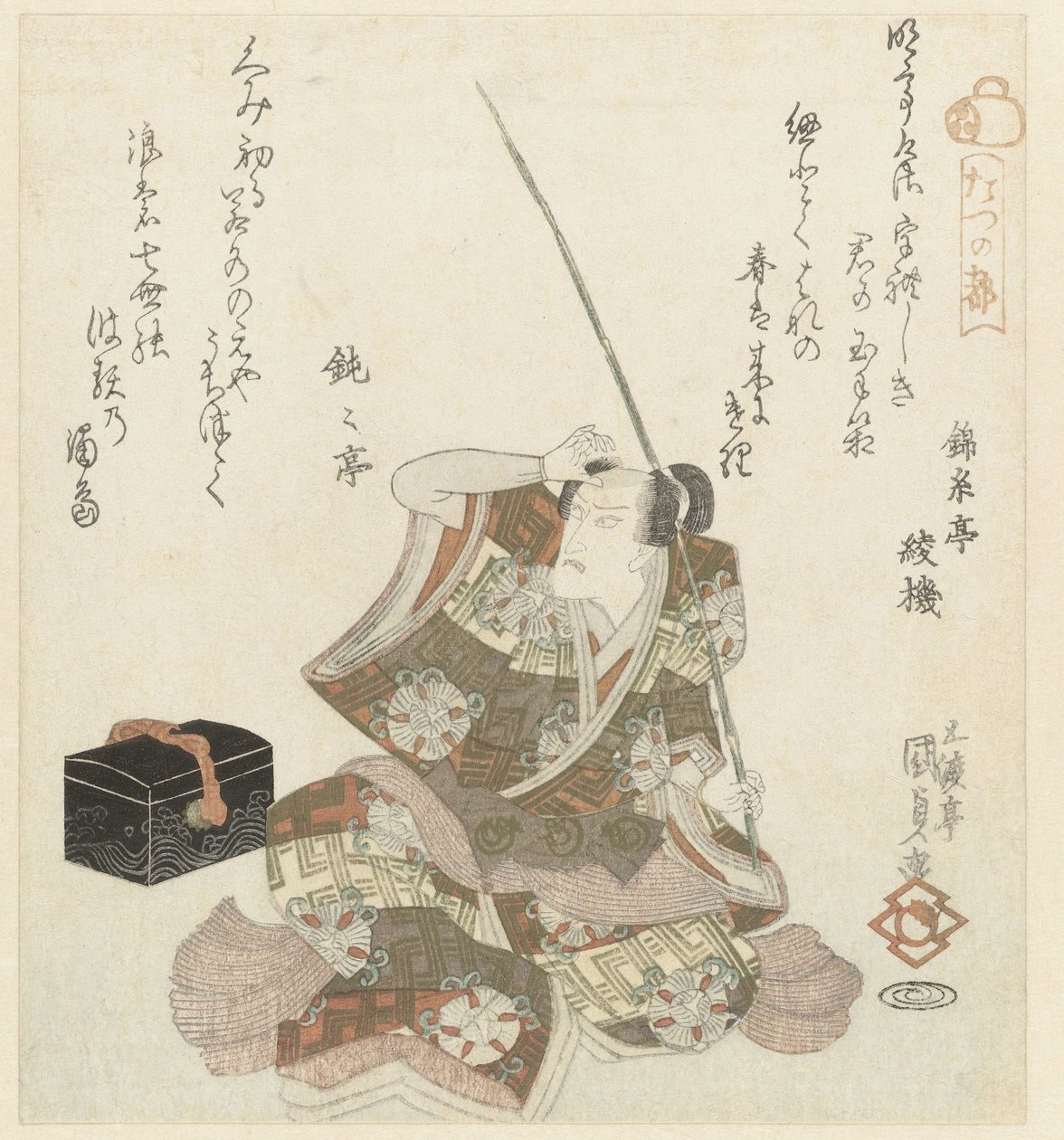 Istuva mies onkivavan kanssa tekijältä Utagawa Kunisada (I)
