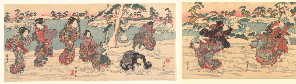 lumipalloja heittelemässä tekijältä Utagawa Kunisada (I)