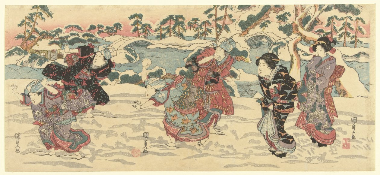 lumipalloja heittelemässä tekijältä Utagawa Kunisada (I)