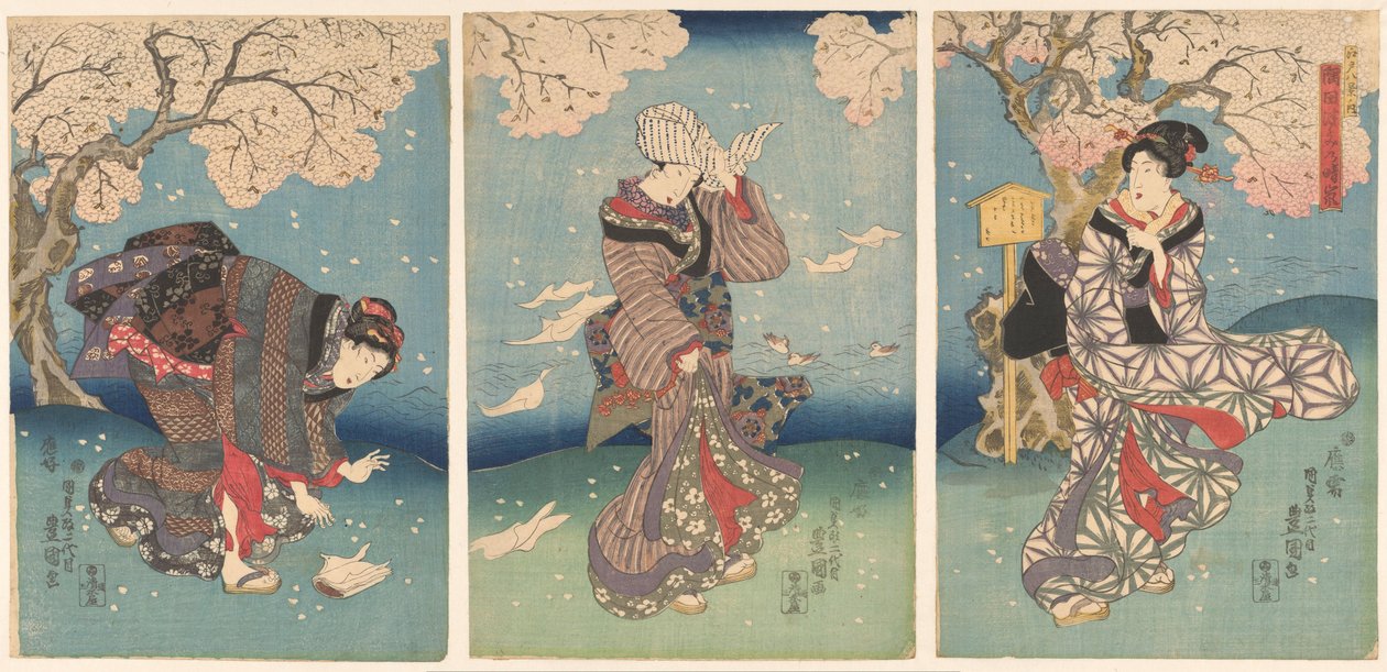 Myrskyinen päivä Sumida-joella Kahdeksan näkymää Edosta (sarjan nimi) Edo hakkei no uchi (sarjan nimi esineessä) tekijältä Utagawa Kunisada (I)