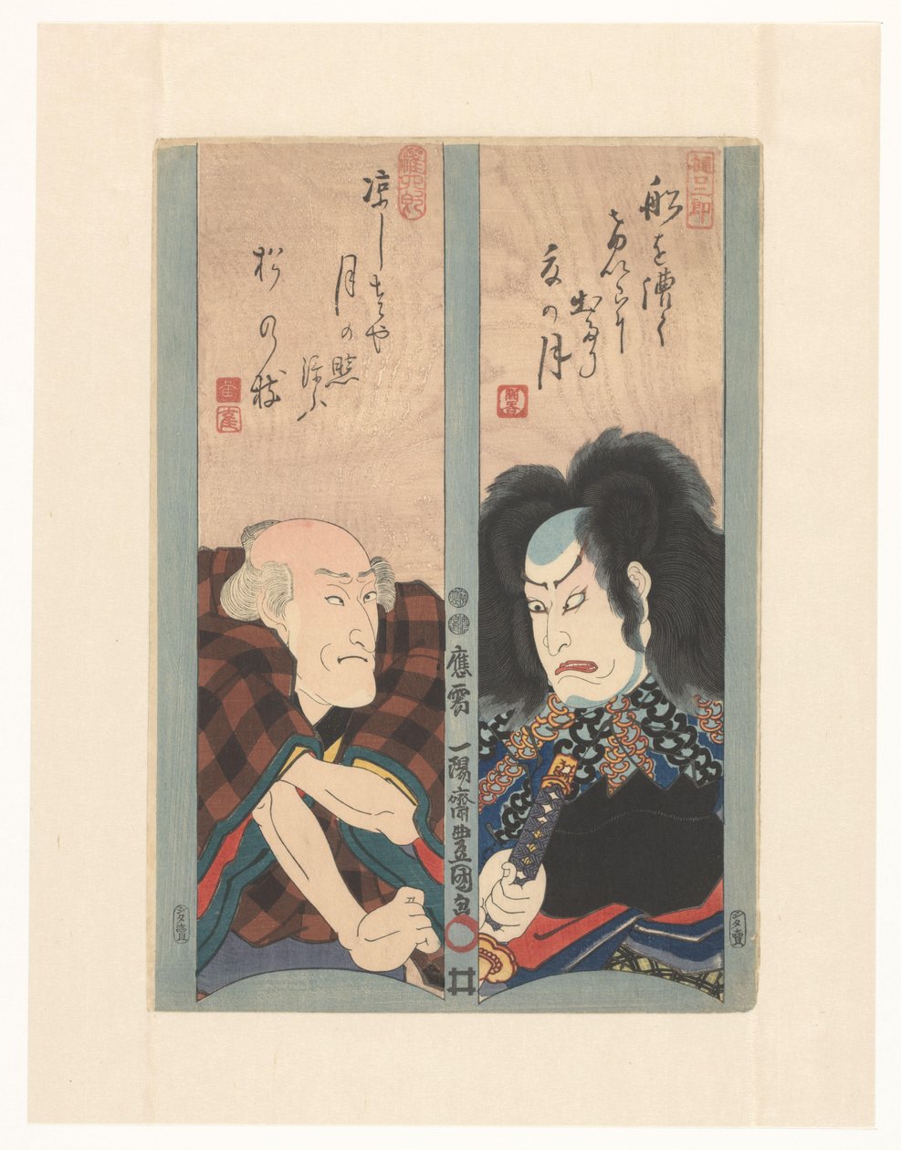 Kaksi näyttelijää säenauhalla tekijältä Utagawa Kunisada (I)