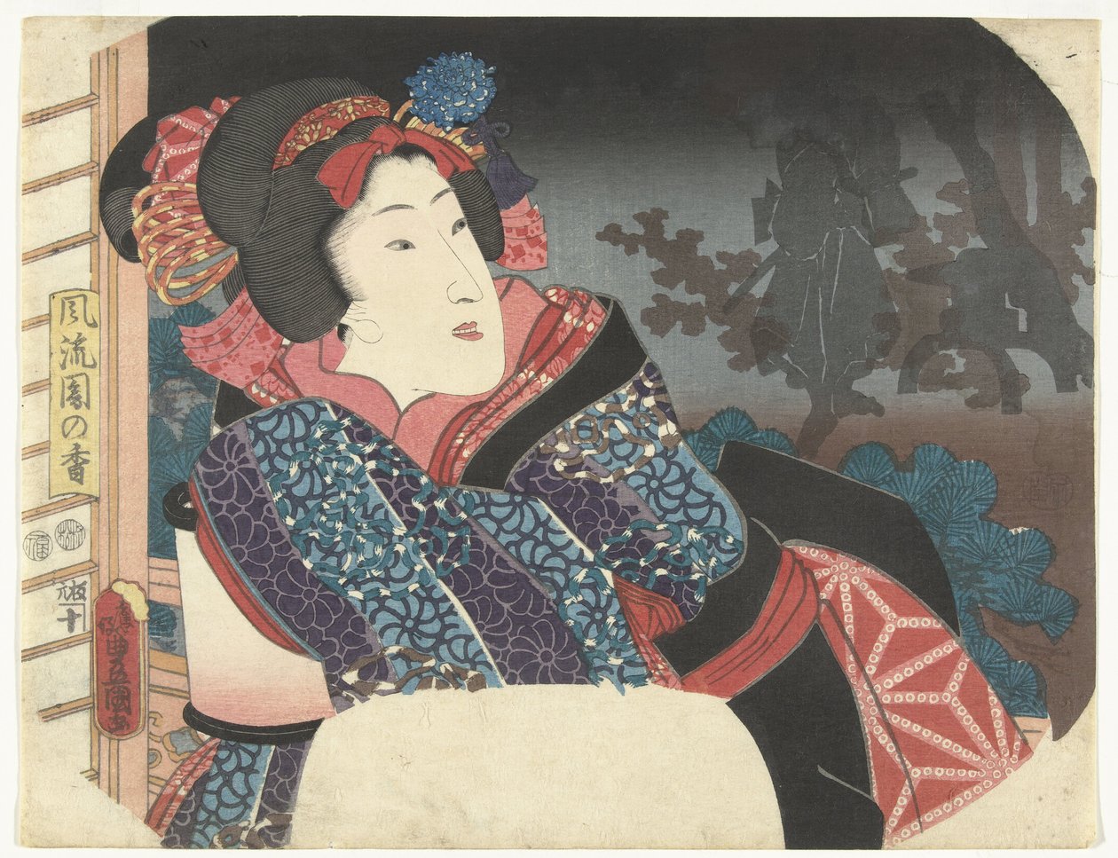 Nainen peittää lyhdyn kimonolla Valikoima tyylikkäitä puutarhoja (sarjan nimi) Furyu sono no ko (sarjan nimi esineessä) tekijältä Utagawa Kunisada (I)