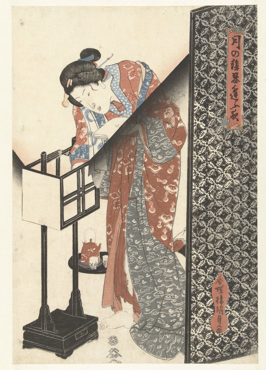 Nainen lampun ääressä Moonlightin salaiset yötreffit (sarjan nimi) Tsuki no kage shinobiau yoru (sarjan nimi esineessä) tekijältä Utagawa Kunisada (I)