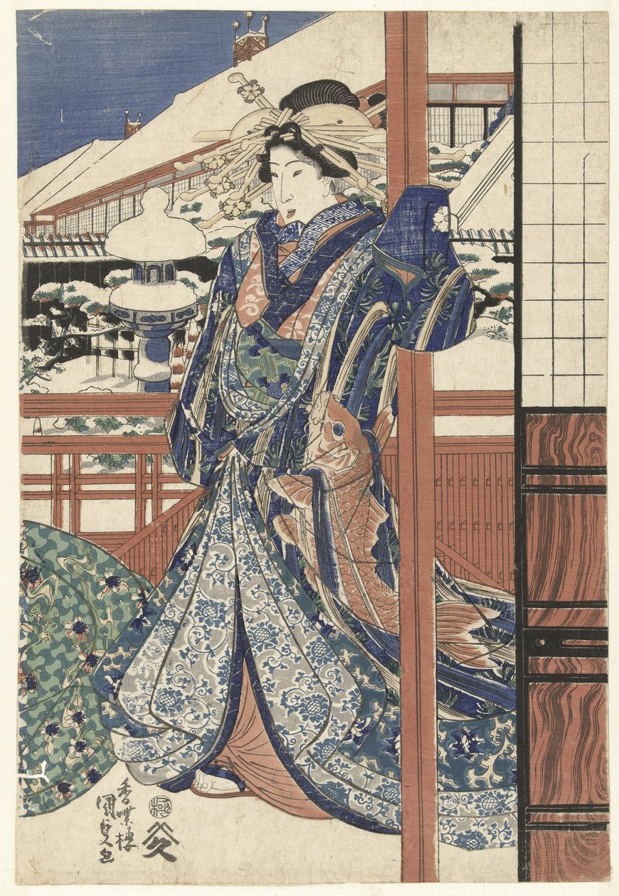 Nainen talvipuutarhassa tekijältä Utagawa Kunisada (I)