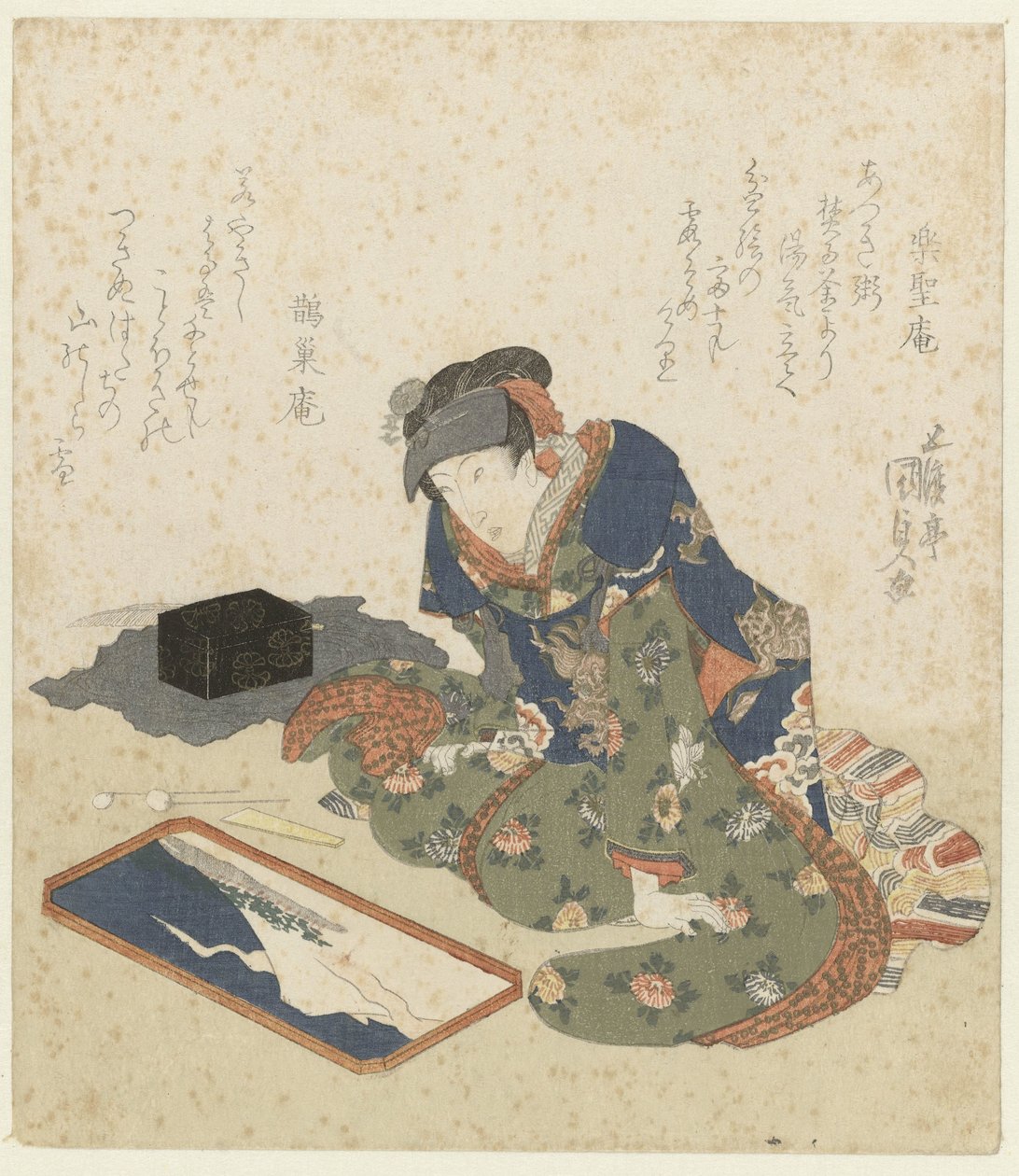 Nainen tekee hiekkamaalauksen tekijältä Utagawa Kunisada (I)
