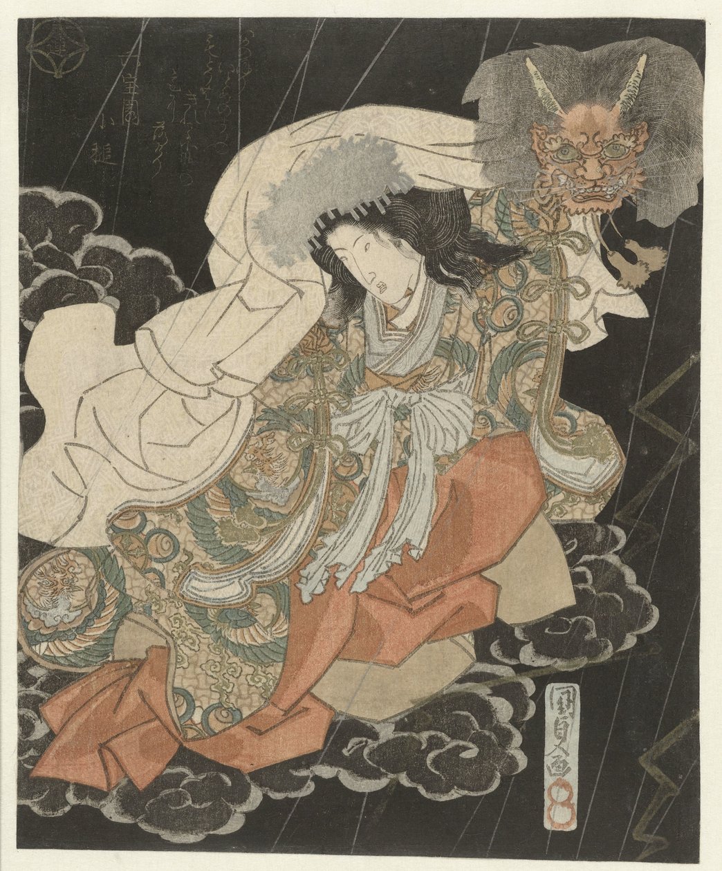 Nainen demonimaski pilvien välissä tekijältä Utagawa Kunisada (I)