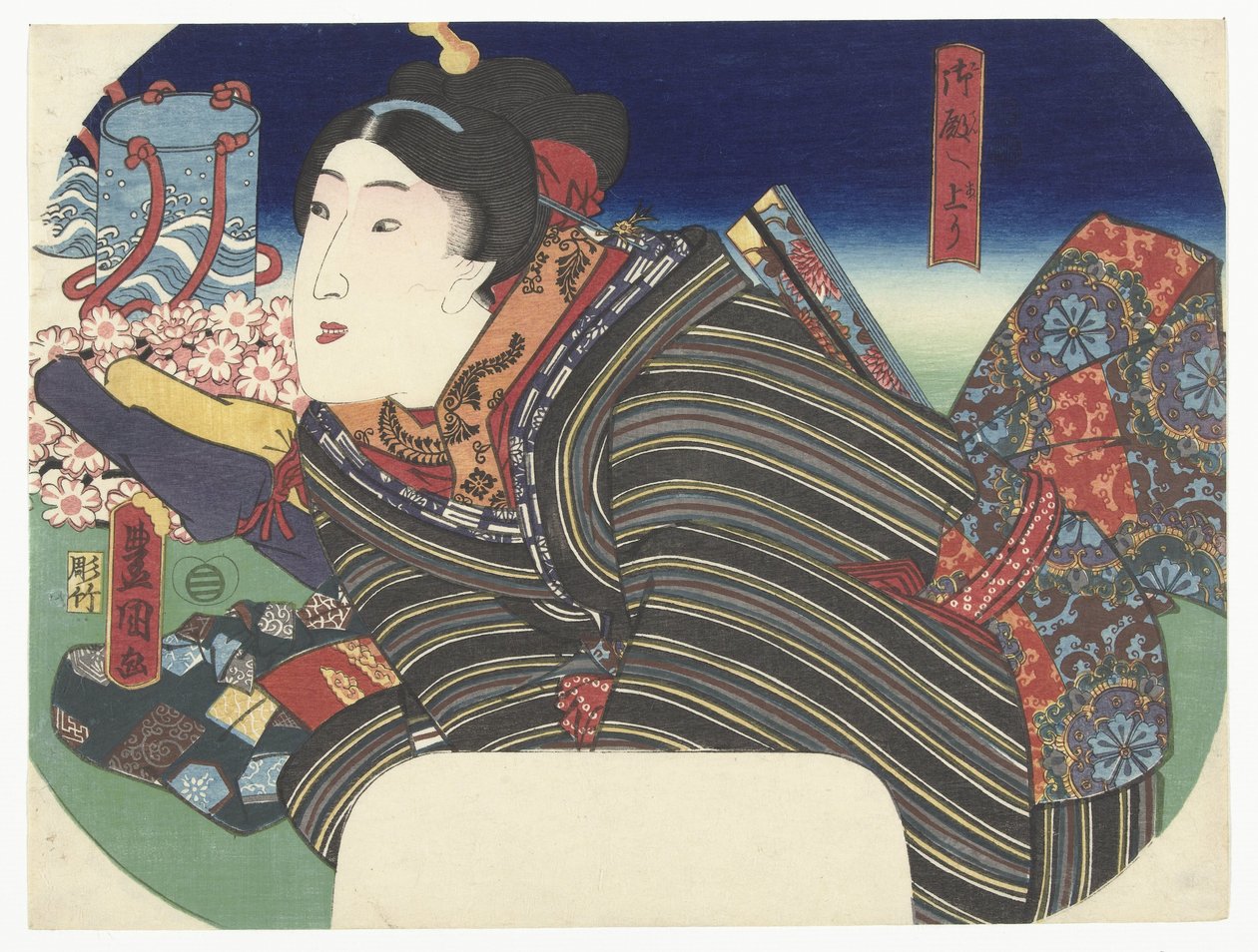 Nainen vesikannujen kanssa tekijältä Utagawa Kunisada (I)