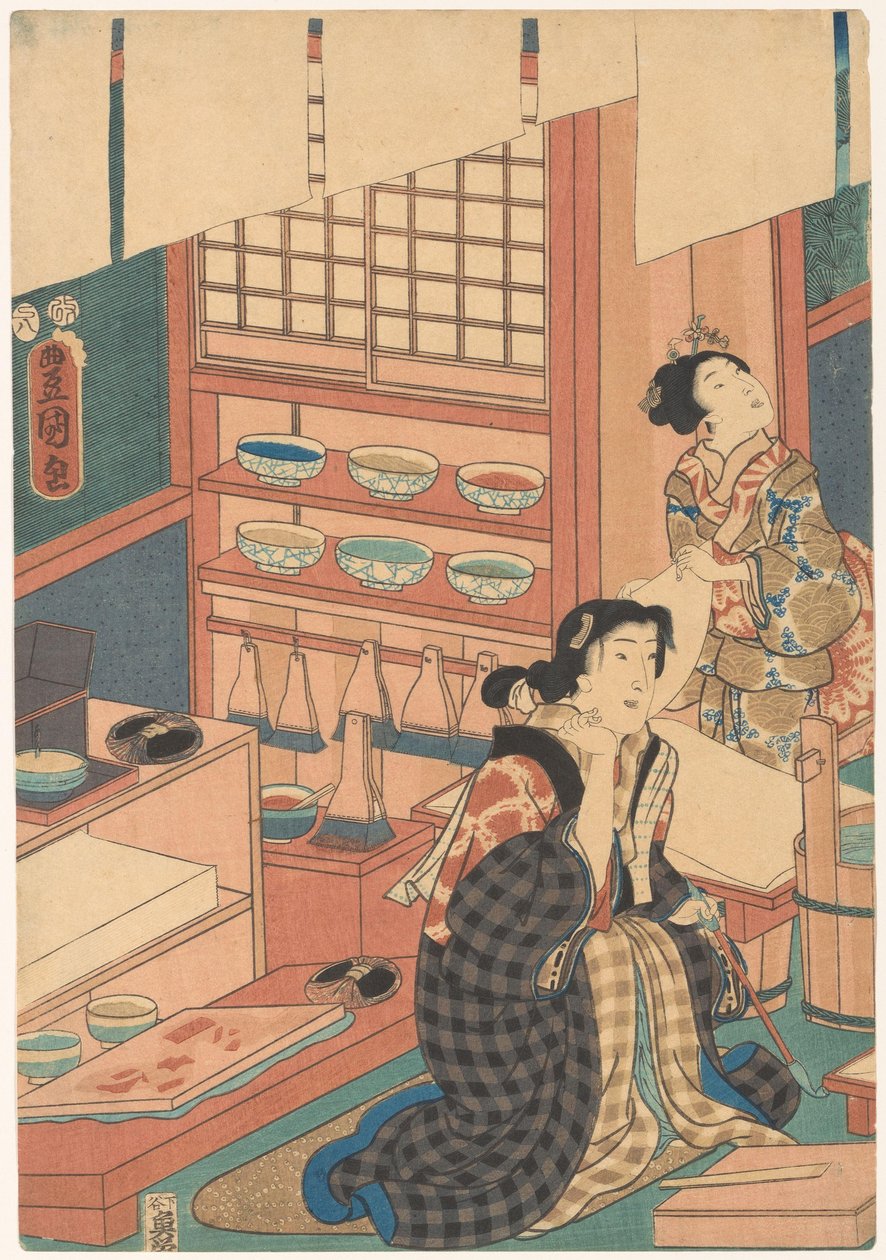 Naiset tekevät kuvia (vasen osa) tekijältä Utagawa Kunisada (I)