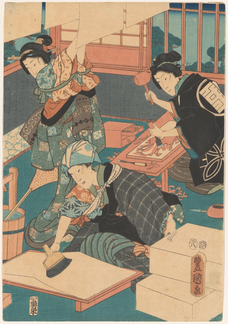 Naiset tekevät kuvia (keskiosa) tekijältä Utagawa Kunisada (I)
