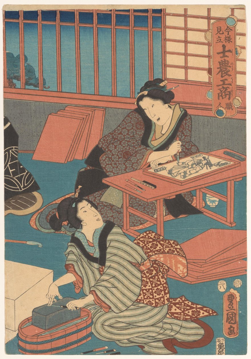 Naiset tekevät kuvia (oikea osa) tekijältä Utagawa Kunisada (I)