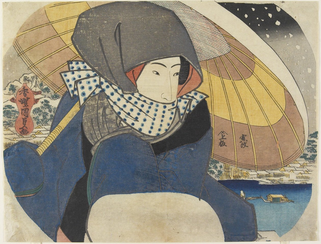 (Nainen hupussa ja sateenvarjossa), 1818 tekijältä Utagawa Kunisada