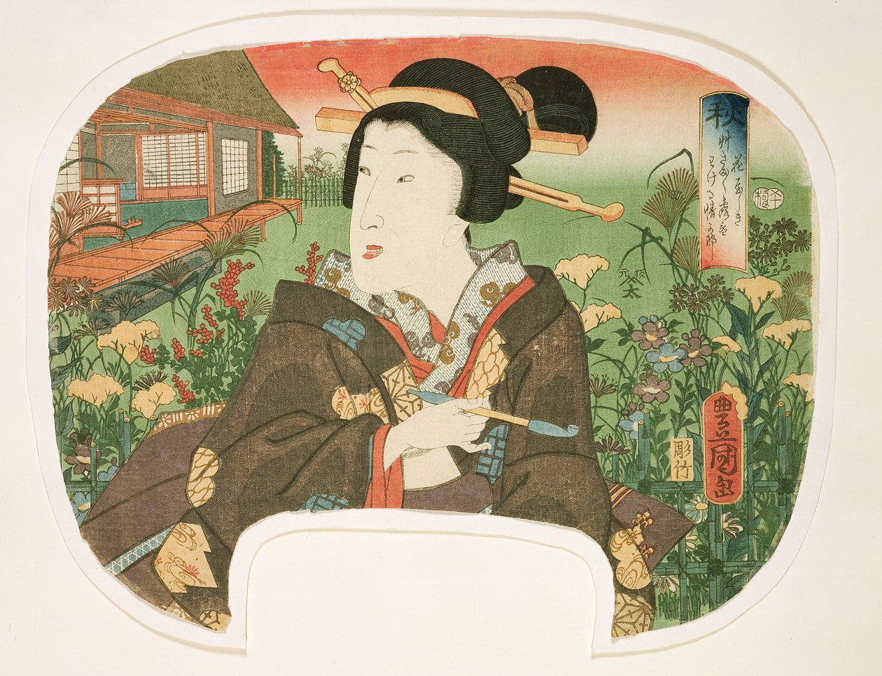 Autumn, Hanayashiki: Geisha piipulla, suunnittelu tuulettimelle neljän kappaleen sarjasta, joka kuvaa vuodenaikaa, 1858-60 (puupalikkaprintti) tekijältä Utagawa Kunisada