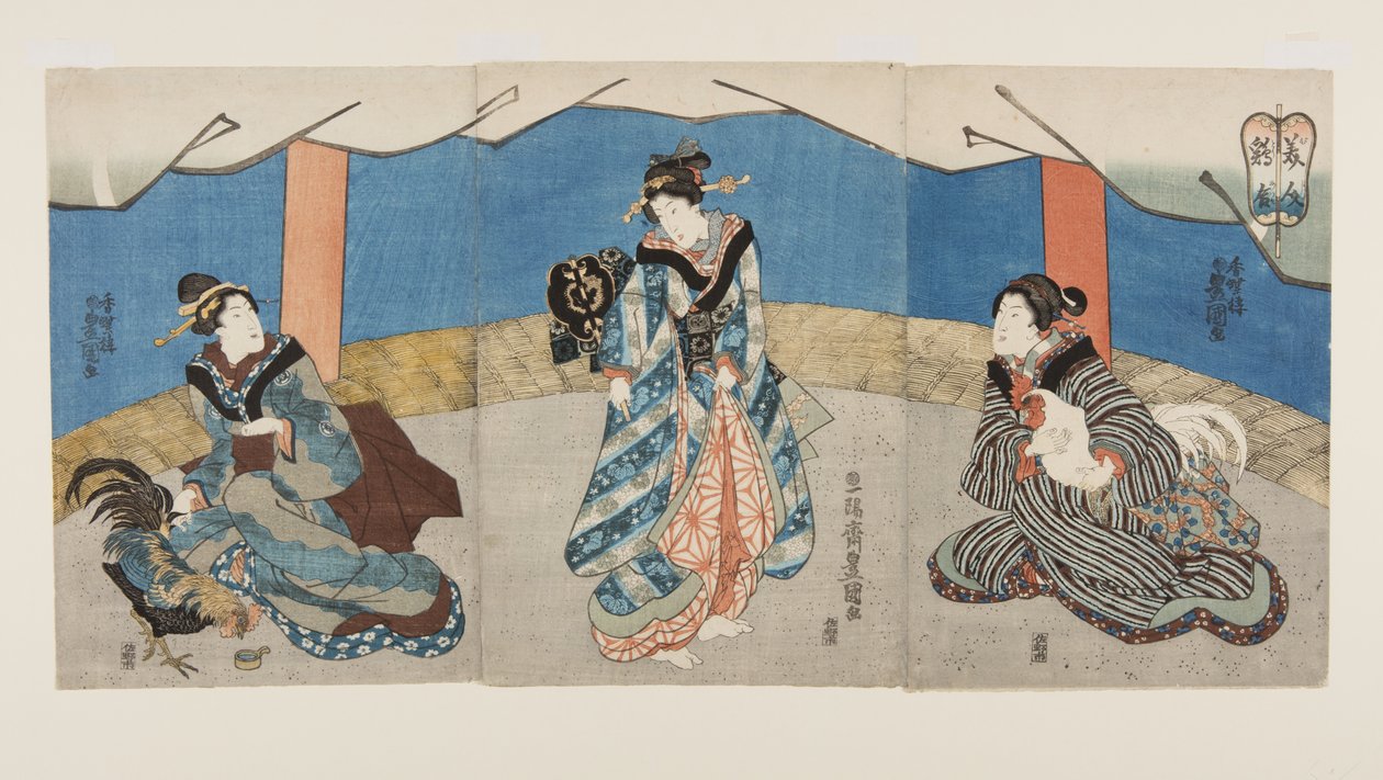 Kauneutta kukkotaistelun aikana (Bijin Toriaiu) (värillinen puupalikkaprintti) tekijältä Utagawa Kunisada